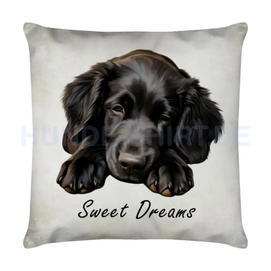 Kissen "Flat Coated Puppy - Sweet Dreams" Weiß – hunde-shirt.de