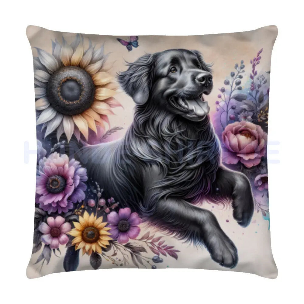 Kissen "Flat Coated Retriever Flowers" Weiß – hunde-shirt.de