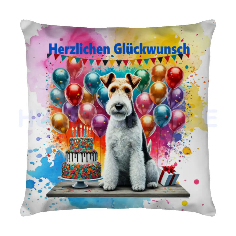 Kissen "Foxterrier ( Drahthaar ) - Herzlichen Glückwunsch" Weiß – hunde-shirt.de