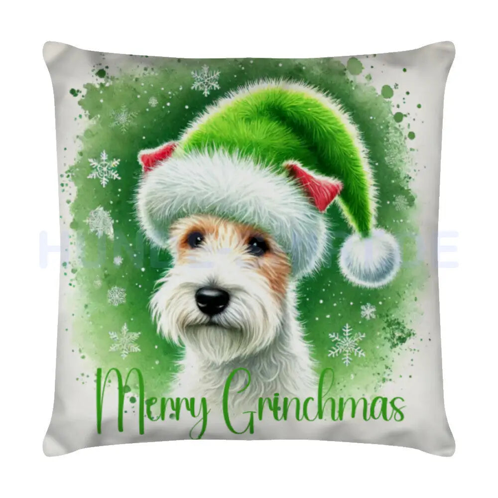 Kissen "Foxterrier ( Drahthaar ) - Merry Grinchmas" Weiß – hunde-shirt.de