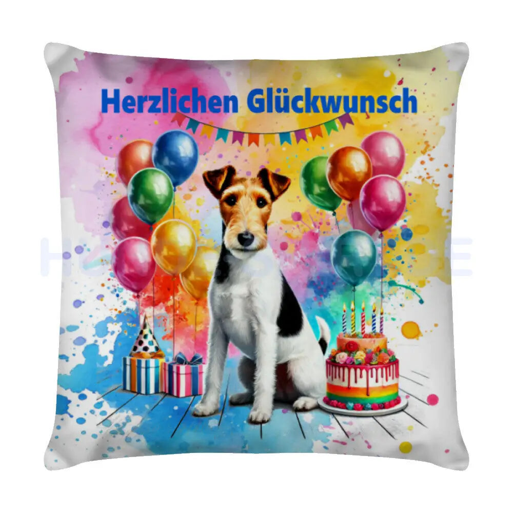 Kissen "Foxterrier ( Glatthaar ) - Herzlichen Glückwunsch" Weiß – hunde-shirt.de