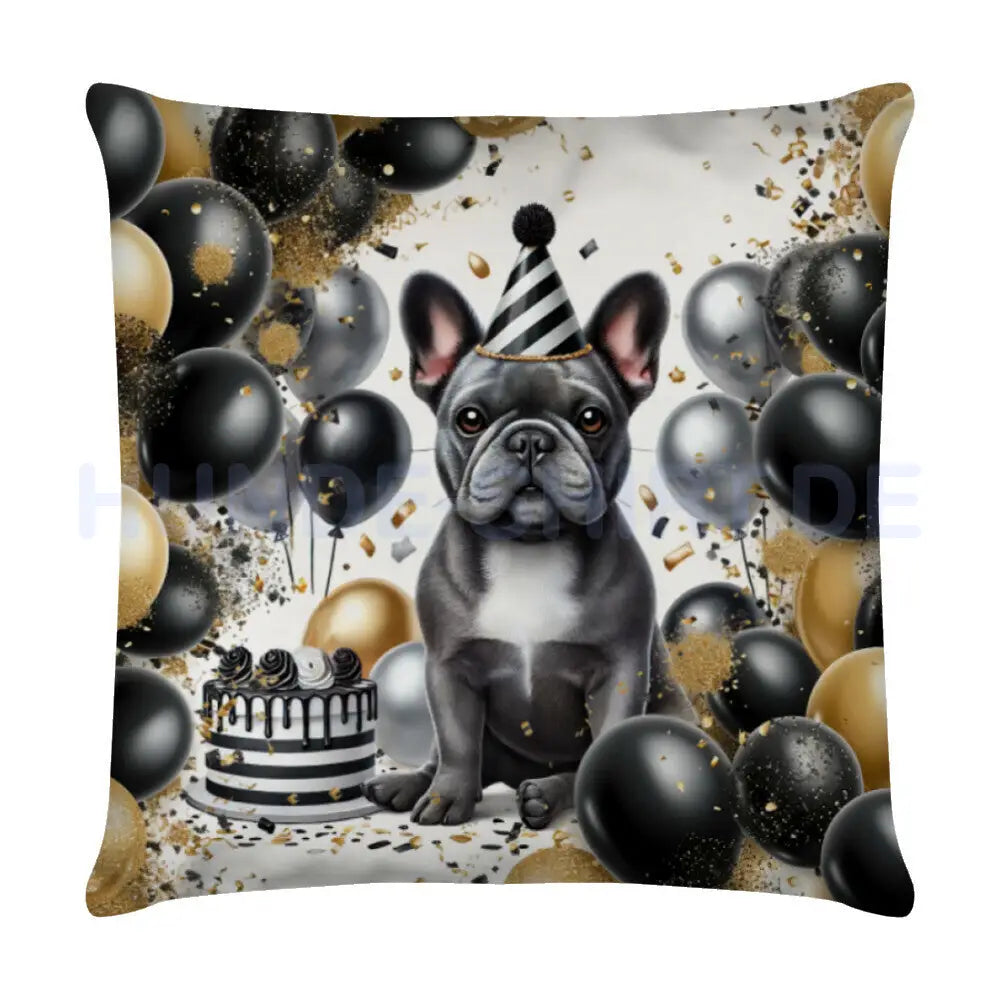 Kissen "Französische Bulldogge - Happy Birthday" Weiß – hunde-shirt.de