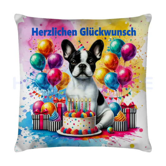 Kissen "Frenchie s/w - Herzlichen Glückwunsch" Weiß – hunde-shirt.de