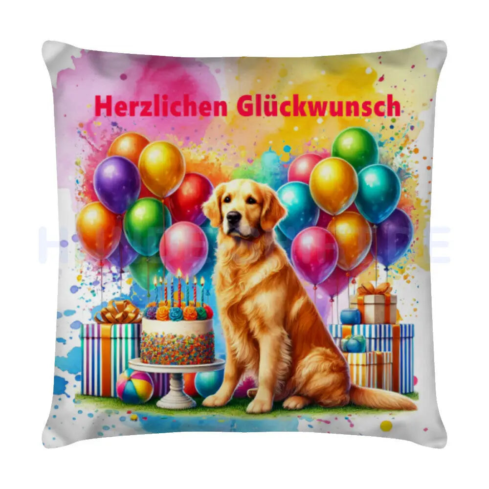 Kissen "Golden Retriever - Herzlichen Glückwunsch" Weiß – hunde-shirt.de