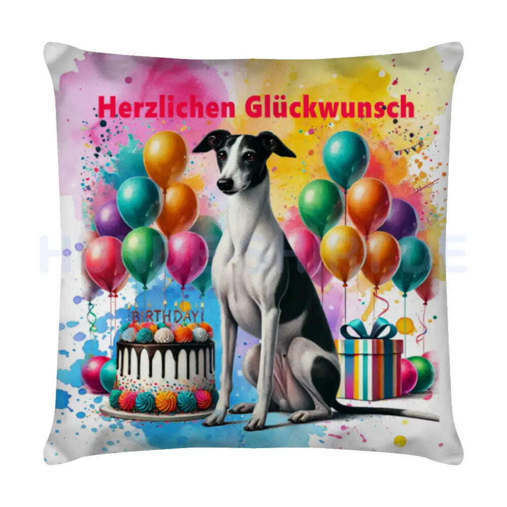 Kissen "Greyhound - Herzlichen Glückwunsch II" Weiß – hunde-shirt.de