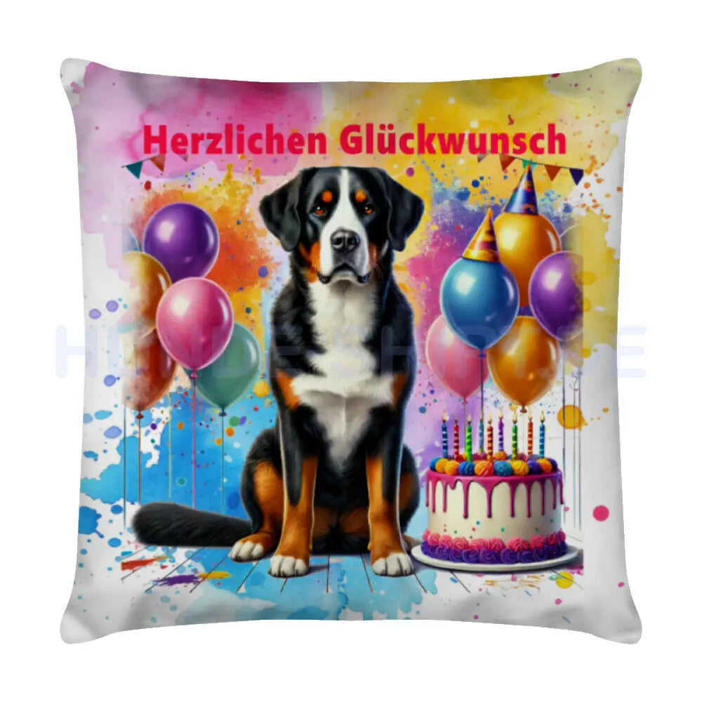 Kissen "Großer Schweizer - Herzlichen Glückwunsch" Weiß – hunde-shirt.de