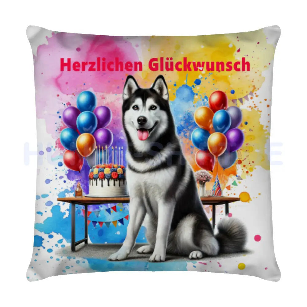 Kissen "Husky - Herzlichen Glückwunsch" Weiß – hunde-shirt.de