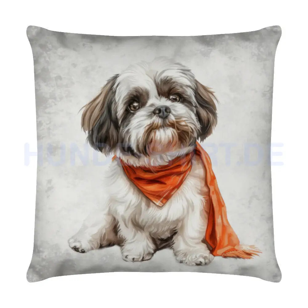 Kissen "Lhasa Apso - Orange" Weiß – hunde-shirt.de