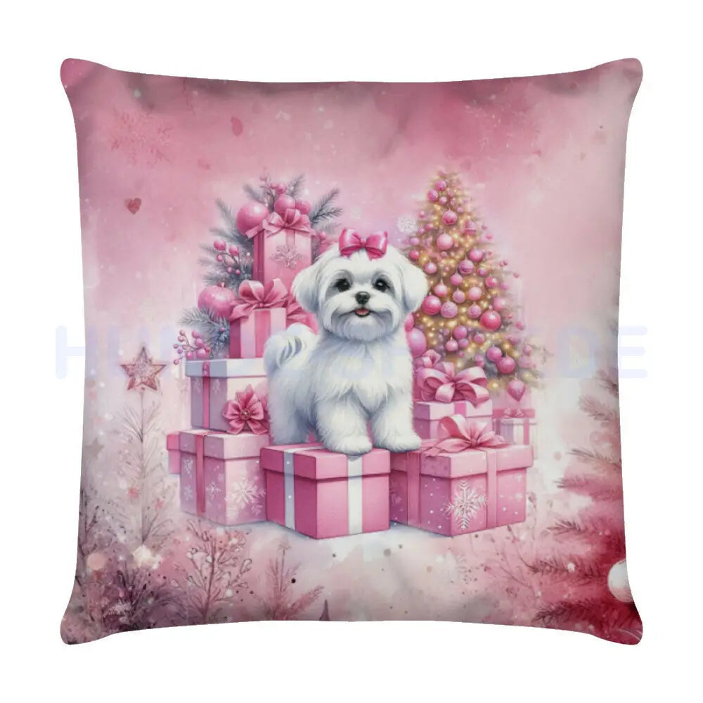 Kissen "Malteser Weihnachten pink" Weiß – hunde-shirt.de