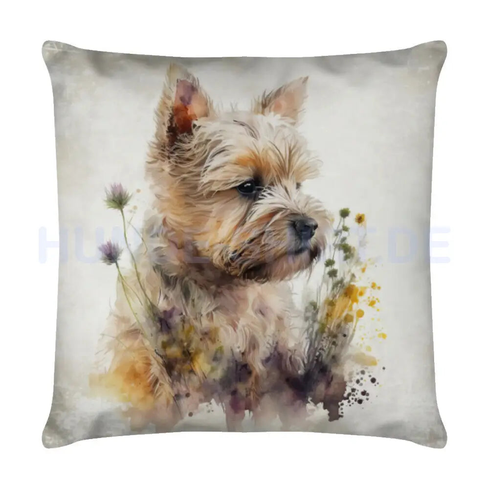 Kissen "Norwich Terrier - Blumenwiese" Weiß – hunde-shirt.de