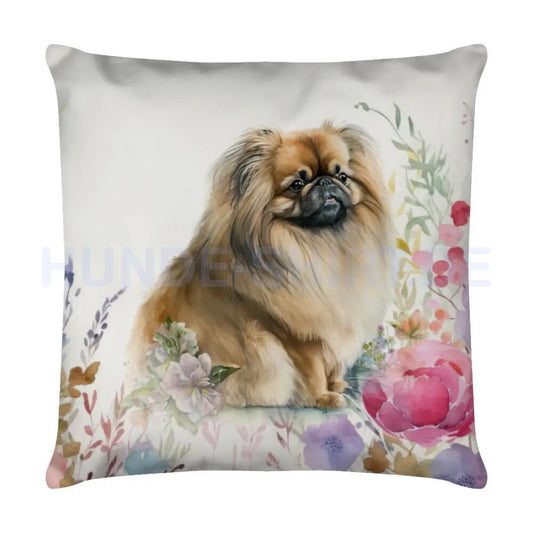 Kissen "Pekingese Flowers" Weiß – hunde-shirt.de