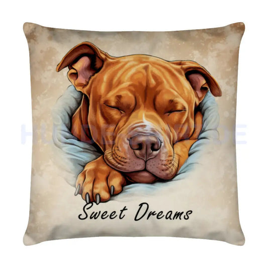 Kissen "Pit Bull ( rot / braun ) - Sweet Dreams" Weiß – hunde-shirt.de