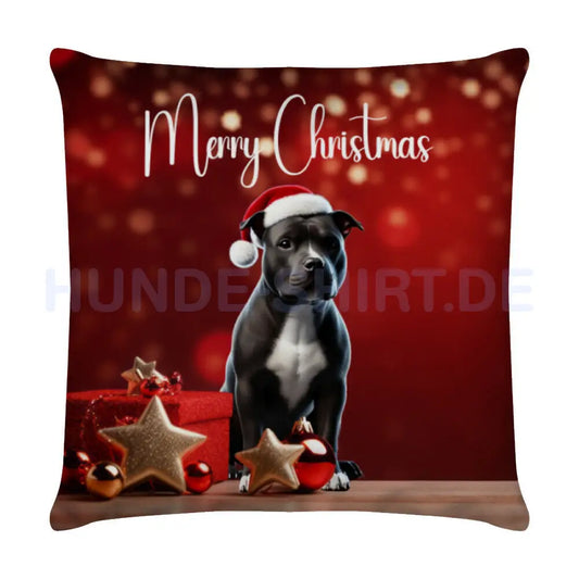 Kissen "Pit Bull schwarz - Merry Christmas" Weiß – hunde-shirt.de