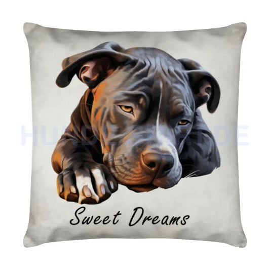 Kissen "Pit Bull schwarz - Sweet Dreams" Weiß – hunde-shirt.de