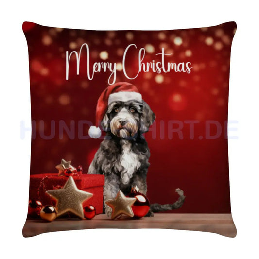 Kissen "Portugiesischer Wasserhund - Merry Christmas" Weiß – hunde-shirt.de