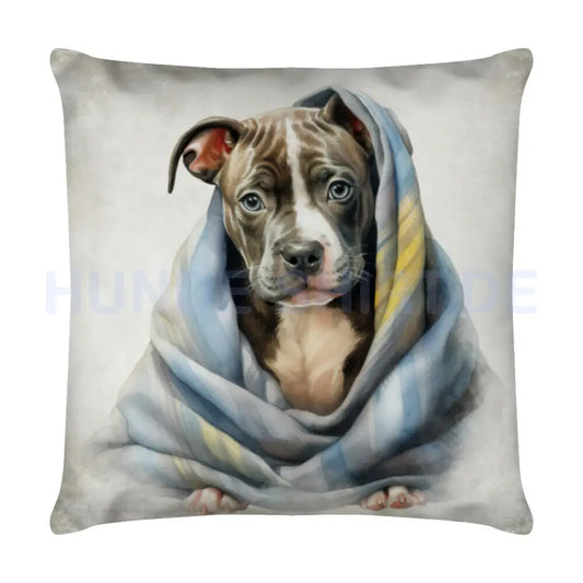 Kissen "Staffordshire Bull Terrier - Kuscheln" Weiß – hunde-shirt.de