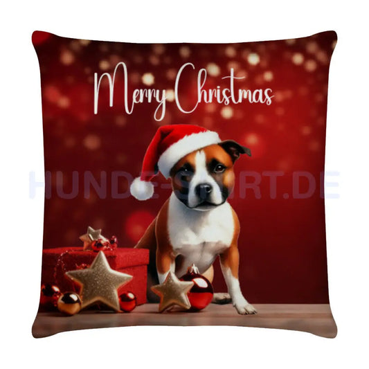 Kissen "Staffordshire Terrier - Merry Christmas" Weiß – hunde-shirt.de