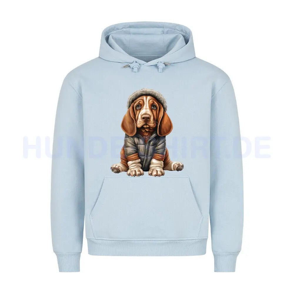 Premium Hoodie "Basset - Winterbub" Babyblau – hunde-shirt.de