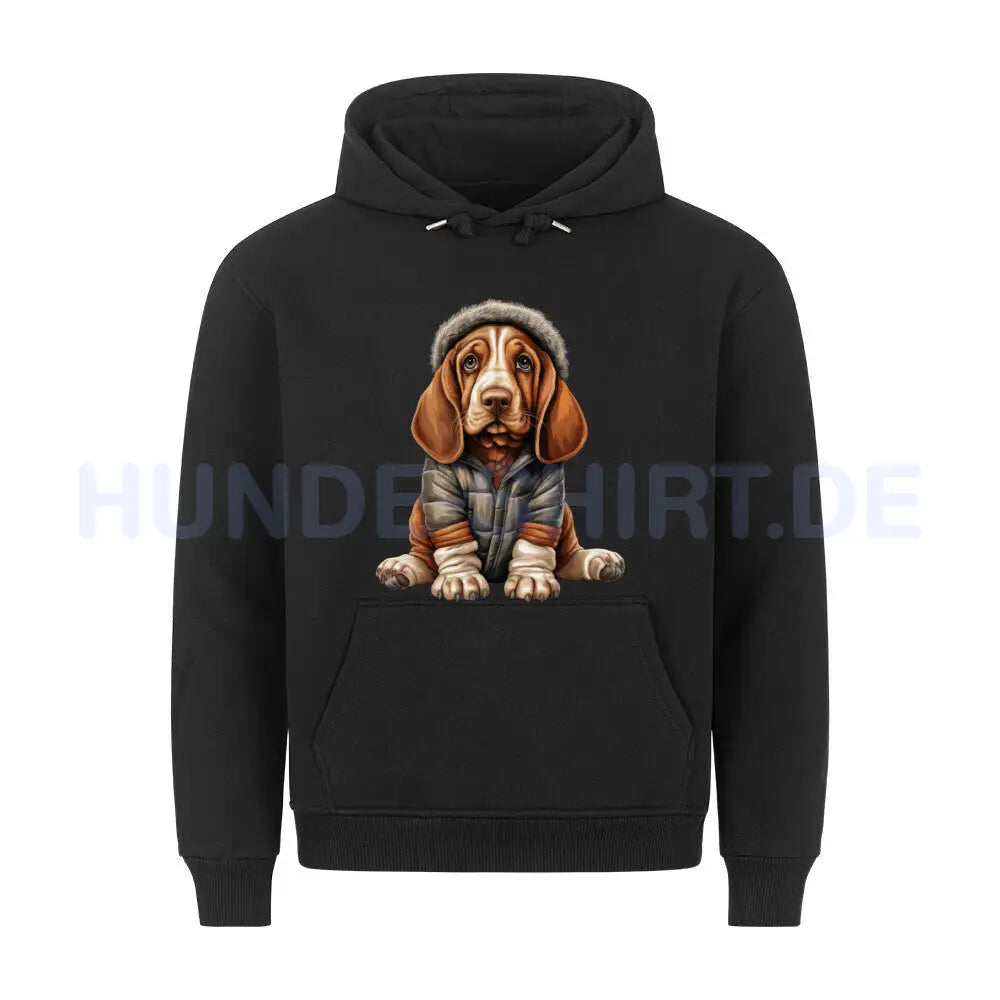 Premium Hoodie "Basset - Winterbub" Schwarz – hunde-shirt.de