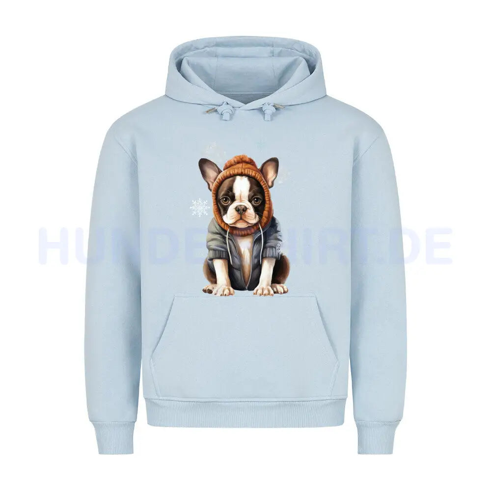 Premium Hoodie "Boston Terrier Winterbub" Babyblau – hunde-shirt.de