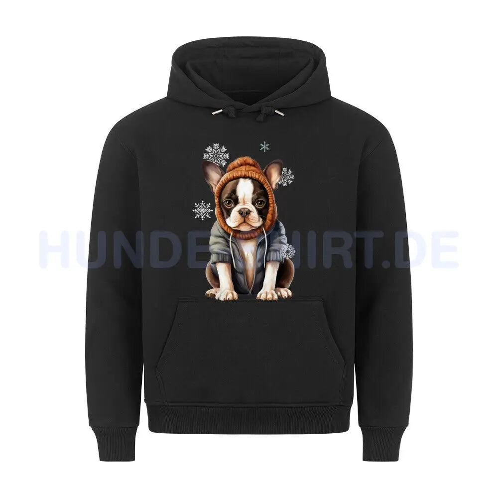 Premium Hoodie "Boston Terrier Winterbub" Schwarz – hunde-shirt.de