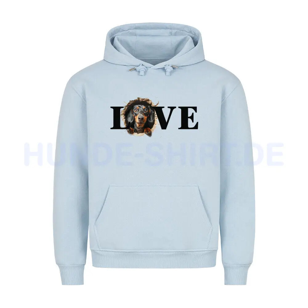 Premium Hoodie "Dackel schwarz LOVE" Babyblau – hunde-shirt.de