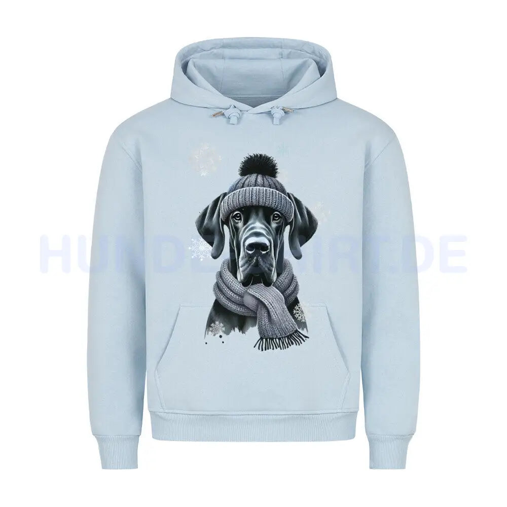 Premium Hoodie "Dogge schwarz Winter" Babyblau – hunde-shirt.de