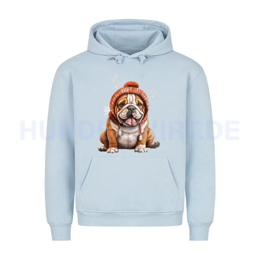 Premium Hoodie "English Bulldog Winter Puppy" Babyblau – hunde-shirt.de