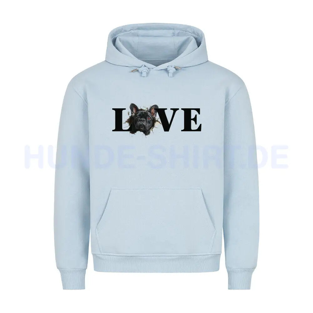 Premium Hoodie "Frenchie schwarz LOVE" Babyblau – hunde-shirt.de