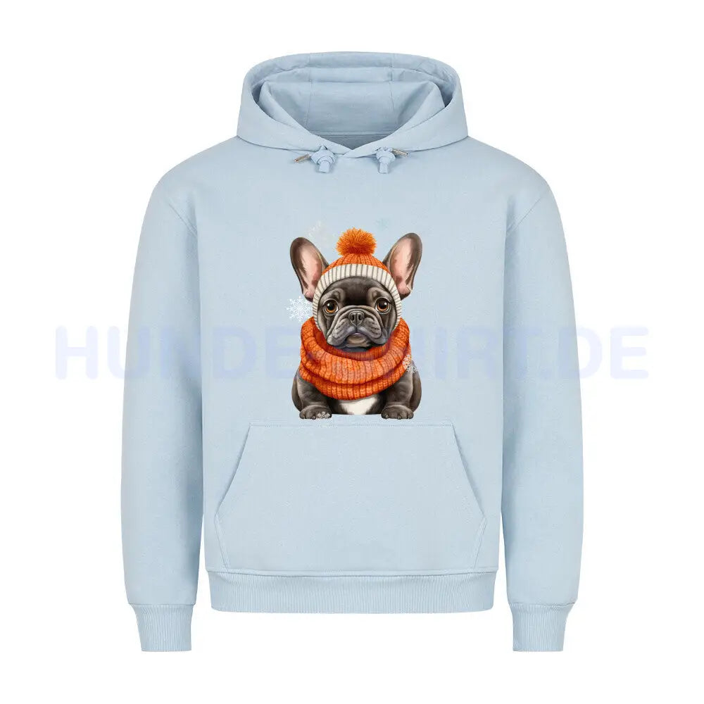 Premium Hoodie "Frenchie Winter Orange" Babyblau – hunde-shirt.de