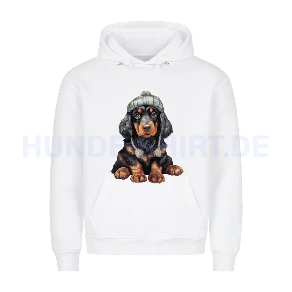 Premium Hoodie "Gordon Setter - Winterbub" Weiß – hunde-shirt.de