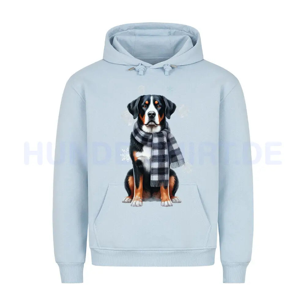 Premium Hoodie "Großer Schweizer Sennenhund Winter" Babyblau – hunde-shirt.de