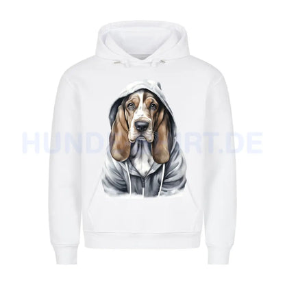 Premium Hoodie "Hooded Basset" Weiß – hunde-shirt.de