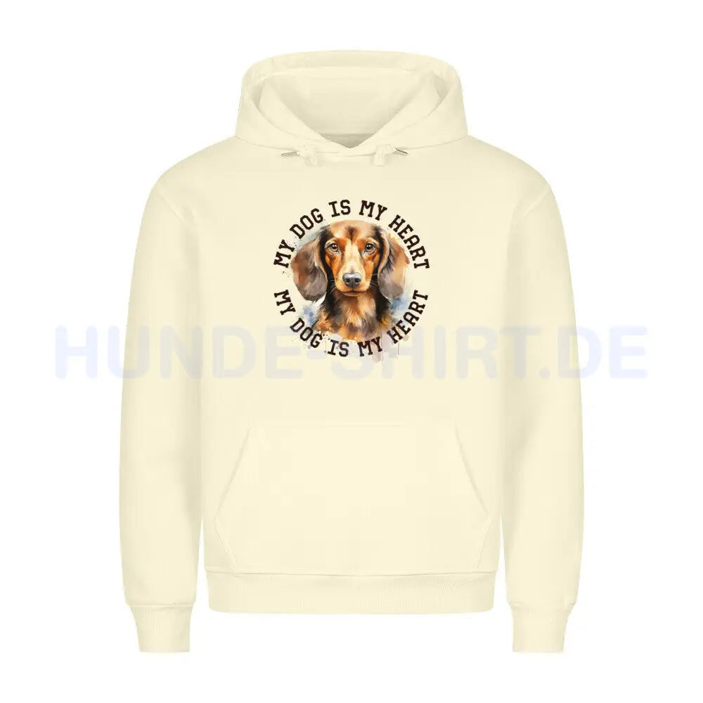 Premium Hoodie "Langhaar Dackel HEART" Beige – hunde-shirt.de