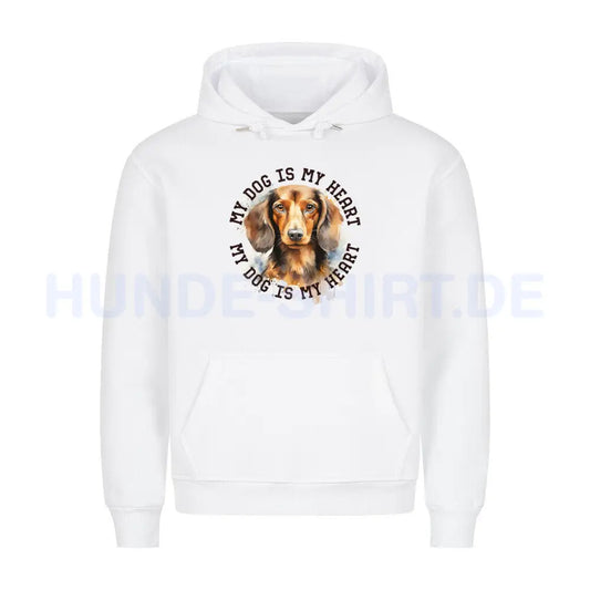 Premium Hoodie "Langhaar Dackel HEART" Weiß – hunde-shirt.de