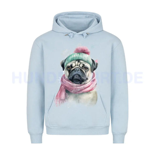 Premium Hoodie "Mops Winter rosa" Babyblau – hunde-shirt.de