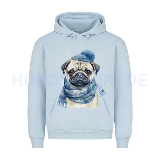 Premium Hoodie "Mops Winter" Babyblau – hunde-shirt.de