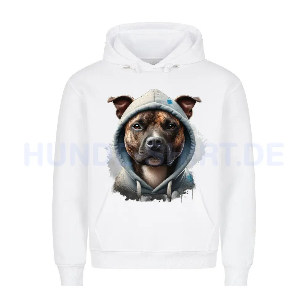 Premium Hoodie "Staffordshire Bullterrier gestromt Hooded" Weiß – hunde-shirt.de