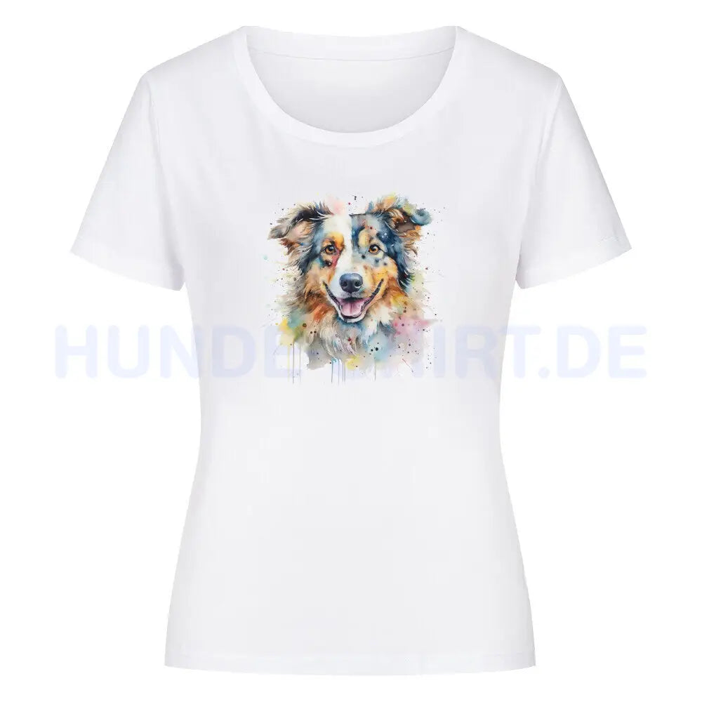 Premium Organic Damen-Shirt "Australian Shepherd Splash" Weiß – hunde-shirt.de