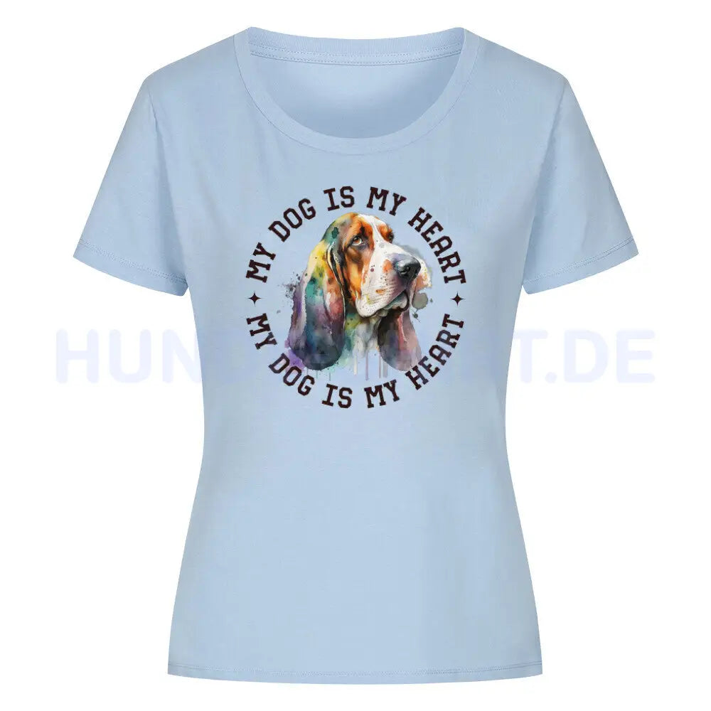 Premium Organic Damen Shirt "Basset HEART" Sky Blue – hunde-shirt.de