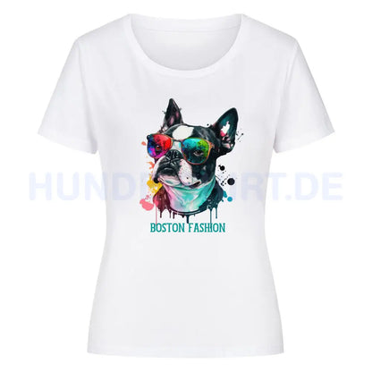 Premium Organic Damen-Shirt "Boston Terrier - Fashion" Weiß – hunde-shirt.de