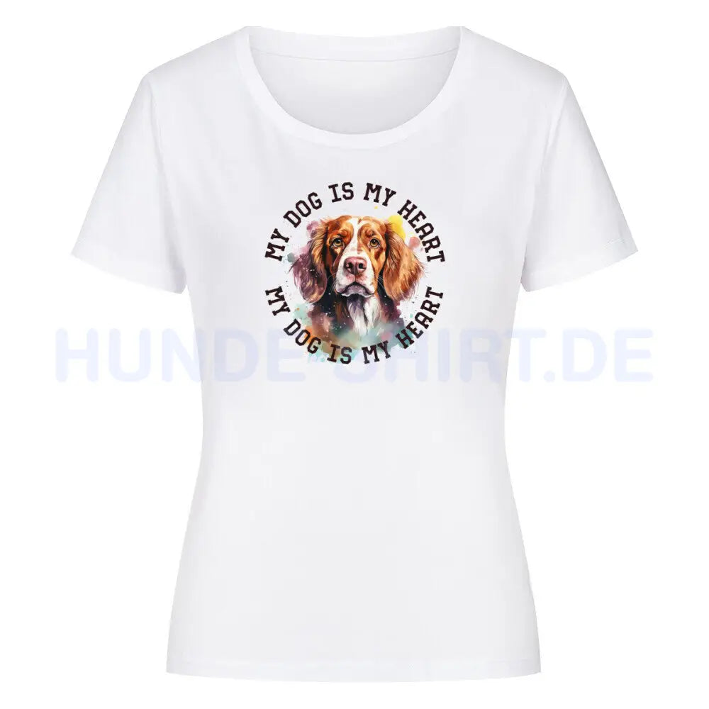 Premium Organic Damen-Shirt "Brittany Spaniel HEART 2" Weiß – hunde-shirt.de