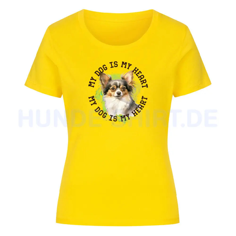 Premium Organic Damen-Shirt "Chihuahua Langhaar HEART" Golden Yellow – hunde-shirt.de