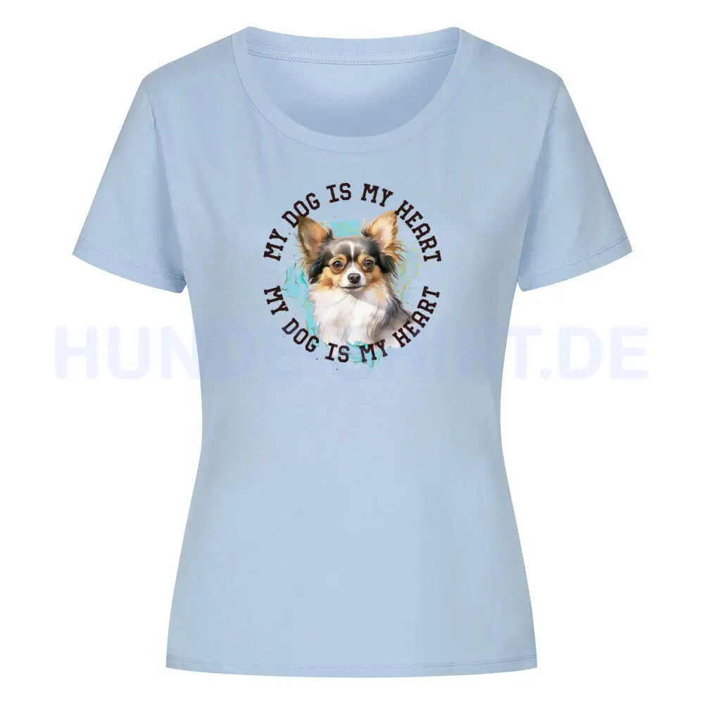 Premium Organic Damen-Shirt "Chihuahua Langhaar HEART" Sky Blue – hunde-shirt.de