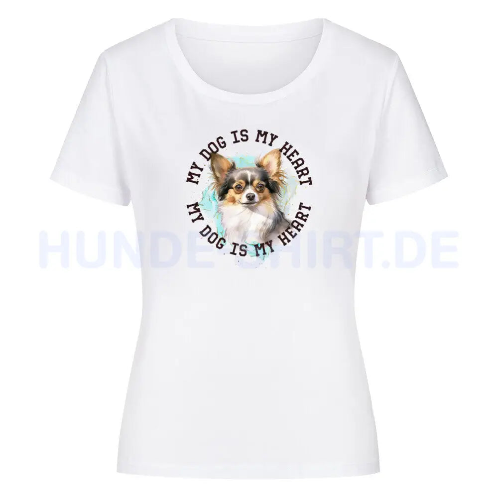 Premium Organic Damen-Shirt "Chihuahua Langhaar HEART" Weiß – hunde-shirt.de