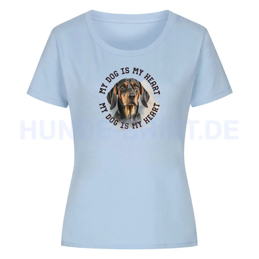 Premium Organic Damen-Shirt "Coonhound b/t HEART" Sky Blue – hunde-shirt.de