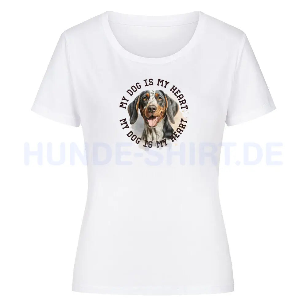 Premium Organic Damen-Shirt "Coonhound bluetick HEART" Weiß – hunde-shirt.de