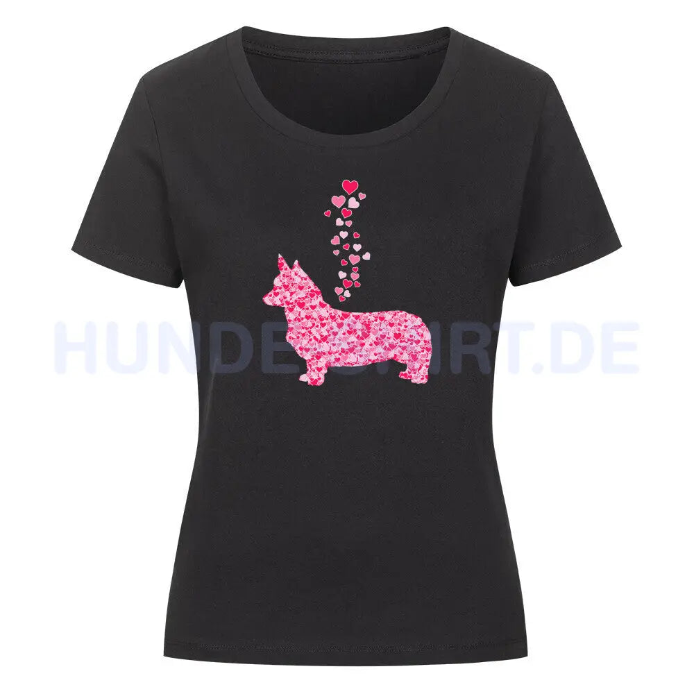 Premium Organic Damen-Shirt "Corgi - Pink Hearts" Schwarz – hunde-shirt.de