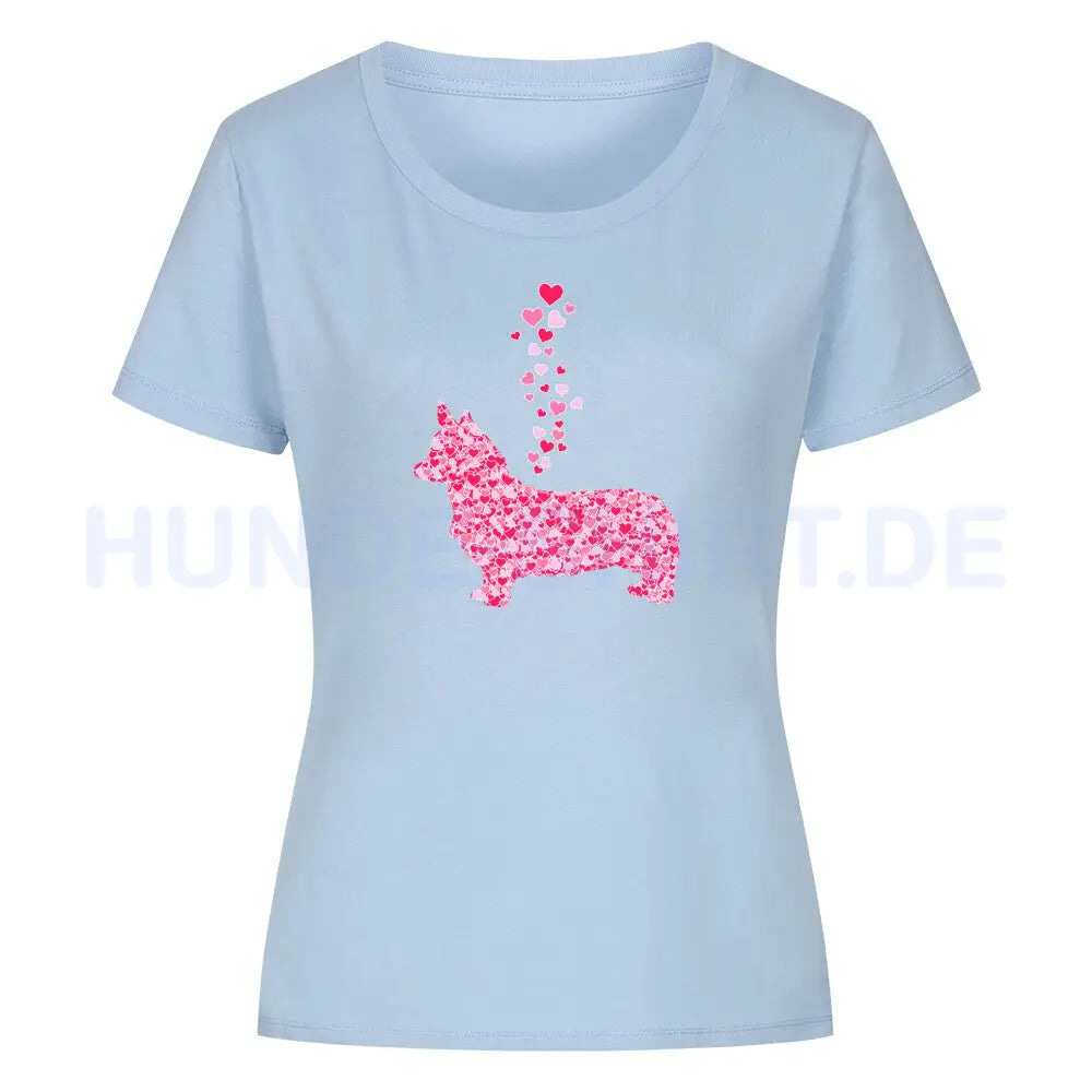 Premium Organic Damen-Shirt "Corgi - Pink Hearts" Sky Blue – hunde-shirt.de