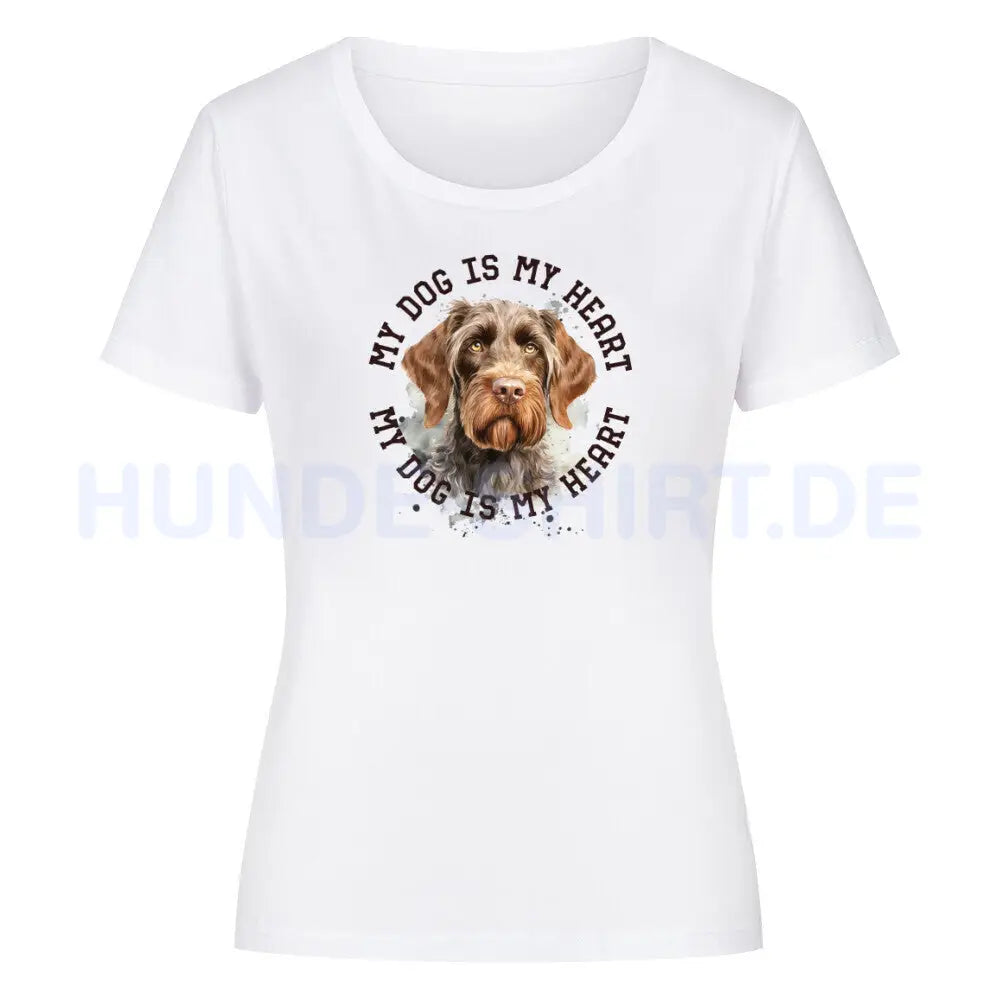 Premium Organic Damen-Shirt "Deutsch Drahthaar HEART 2" Weiß – hunde-shirt.de